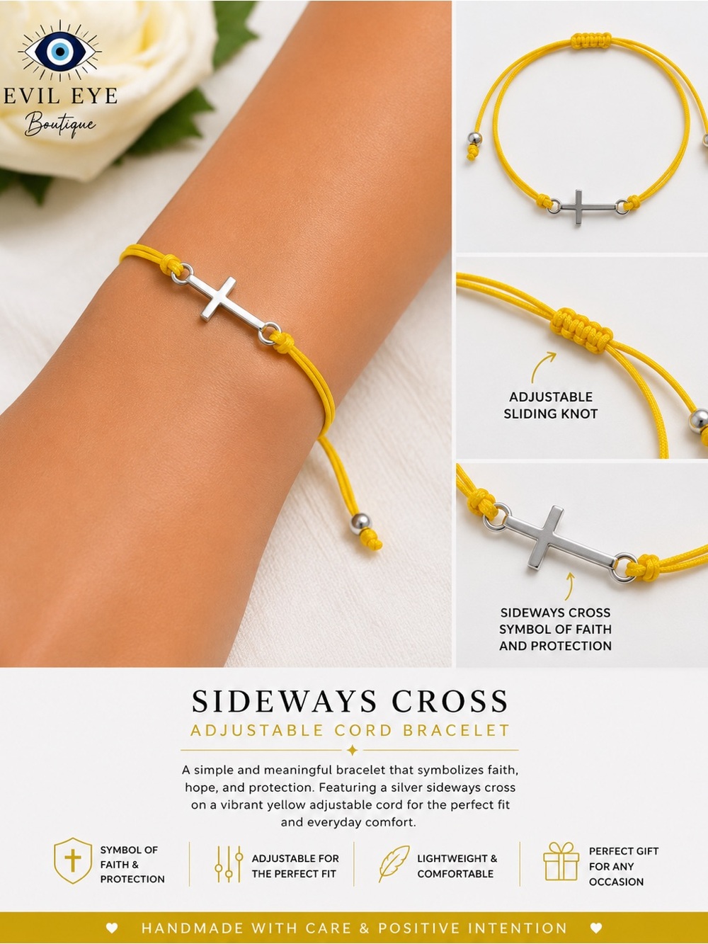 Evil Eye Boutique Sideways Cross Adjustable Cord Bracelet - Yellow